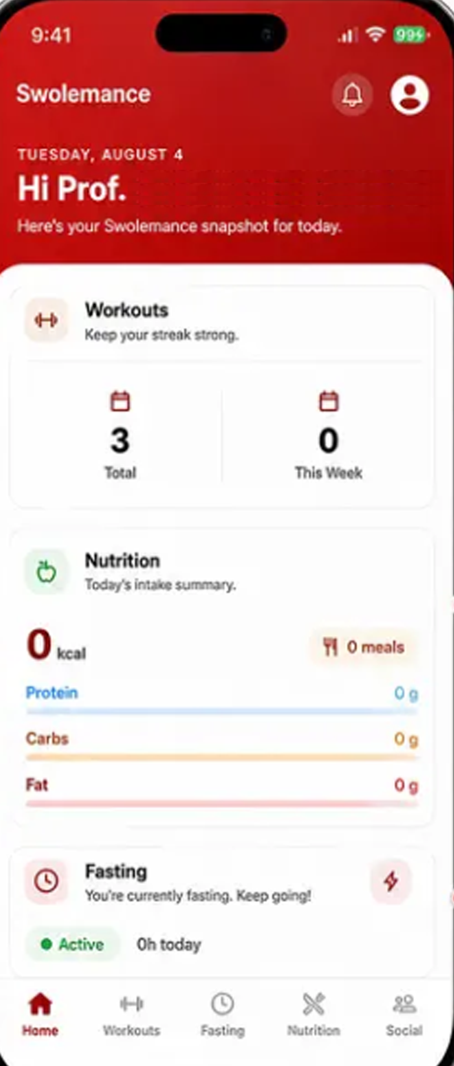 The Swolemance app home screen showing workout, nutrition and fasting summaries